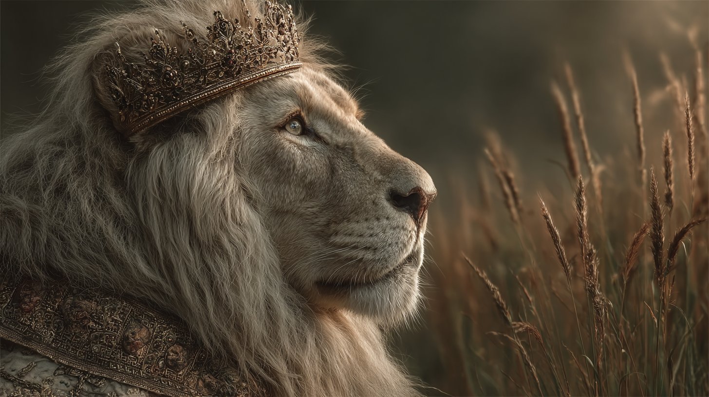 Un león real con corona dorada, simbolizando fuerza.