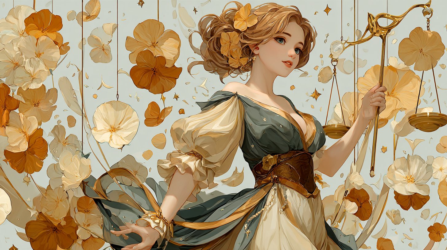 Una figura elegante que representa a Libra, rodeada de escalas flotantes.
