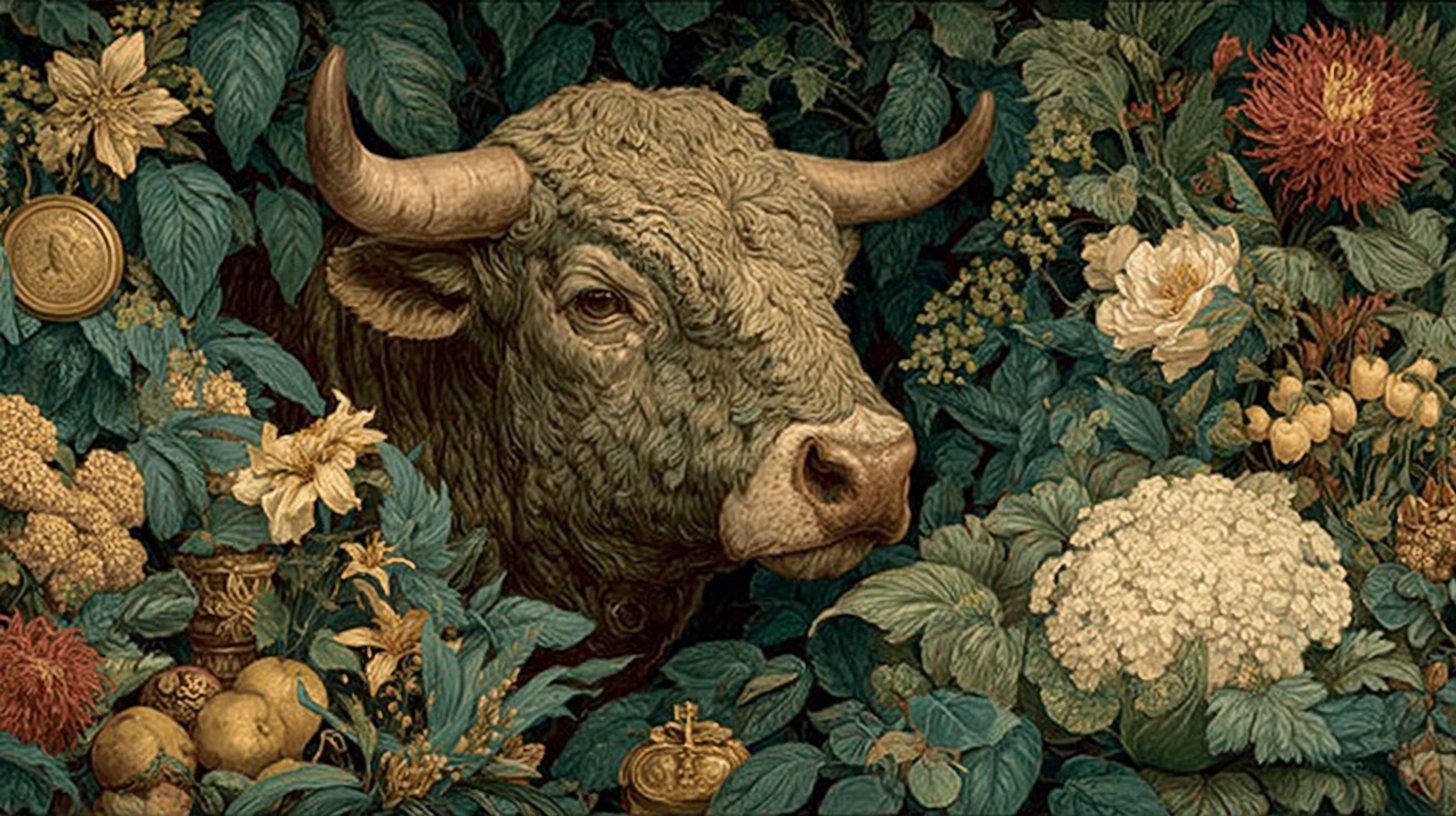 Un toro sereno en un paisaje exuberante, rodeado de lujo.