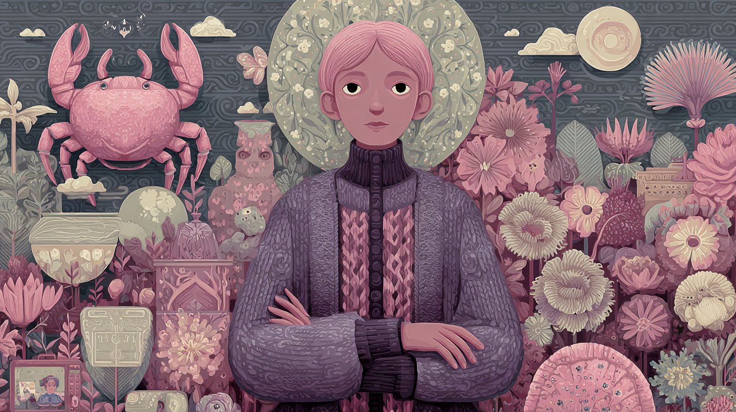 Krebs, der Beschützer der Gefühle, in sanften Pastellfarben.