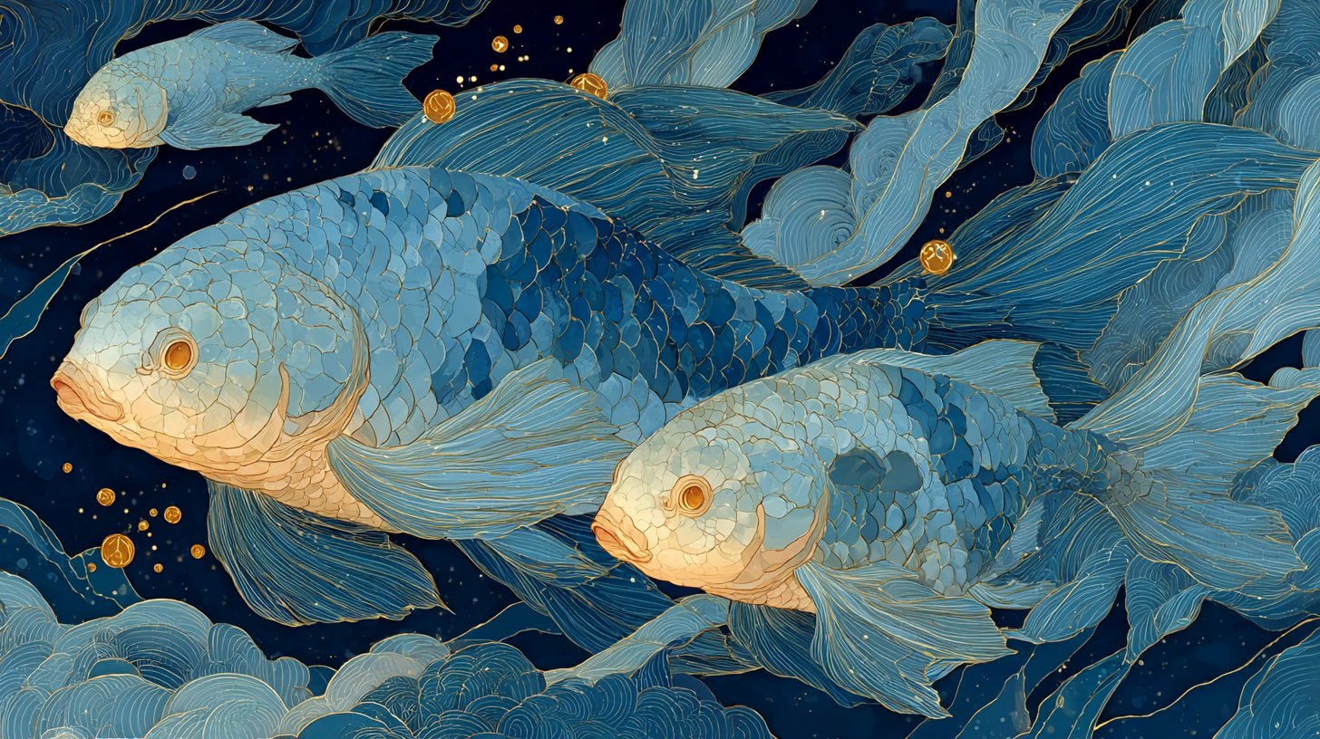 Fische, fröhliche Wesen umgeben von Wolken und Sternen.