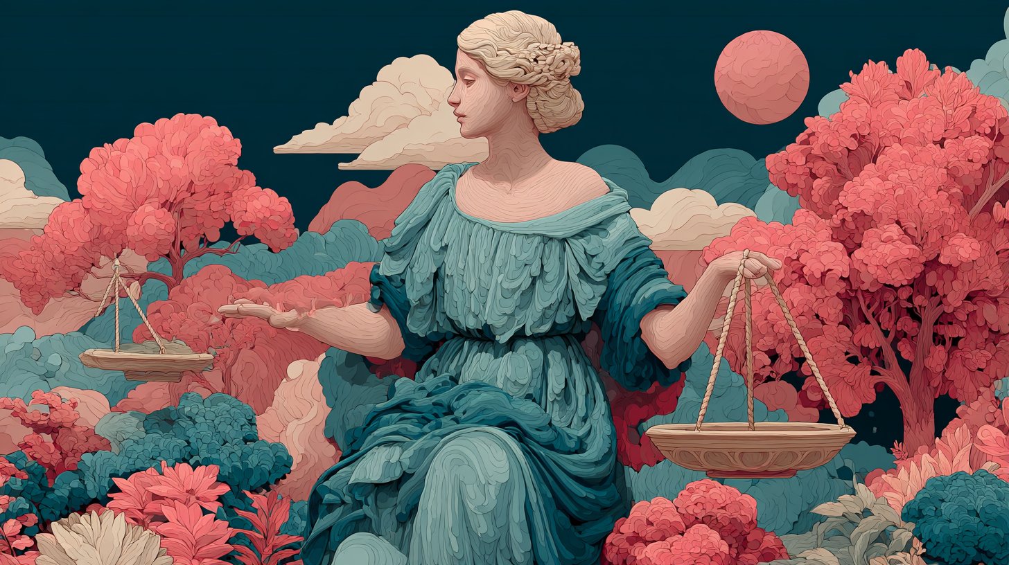 Waage, die Harmonie bewahrt, umgeben von friedlicher Landschaft.