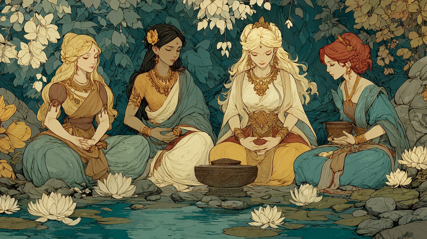 Diosas de diversas culturas compartiendo sabiduría.