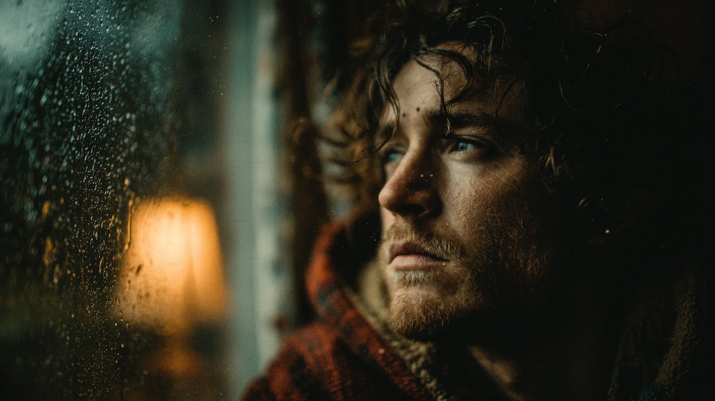 Eine nachdenkliche Person schaut aus dem Fenster.