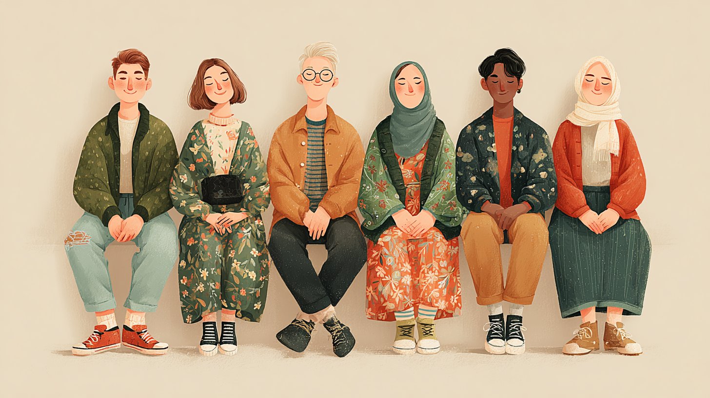 Eine vielfältige Freundesgruppe sitzt in Harmonie zusammen.