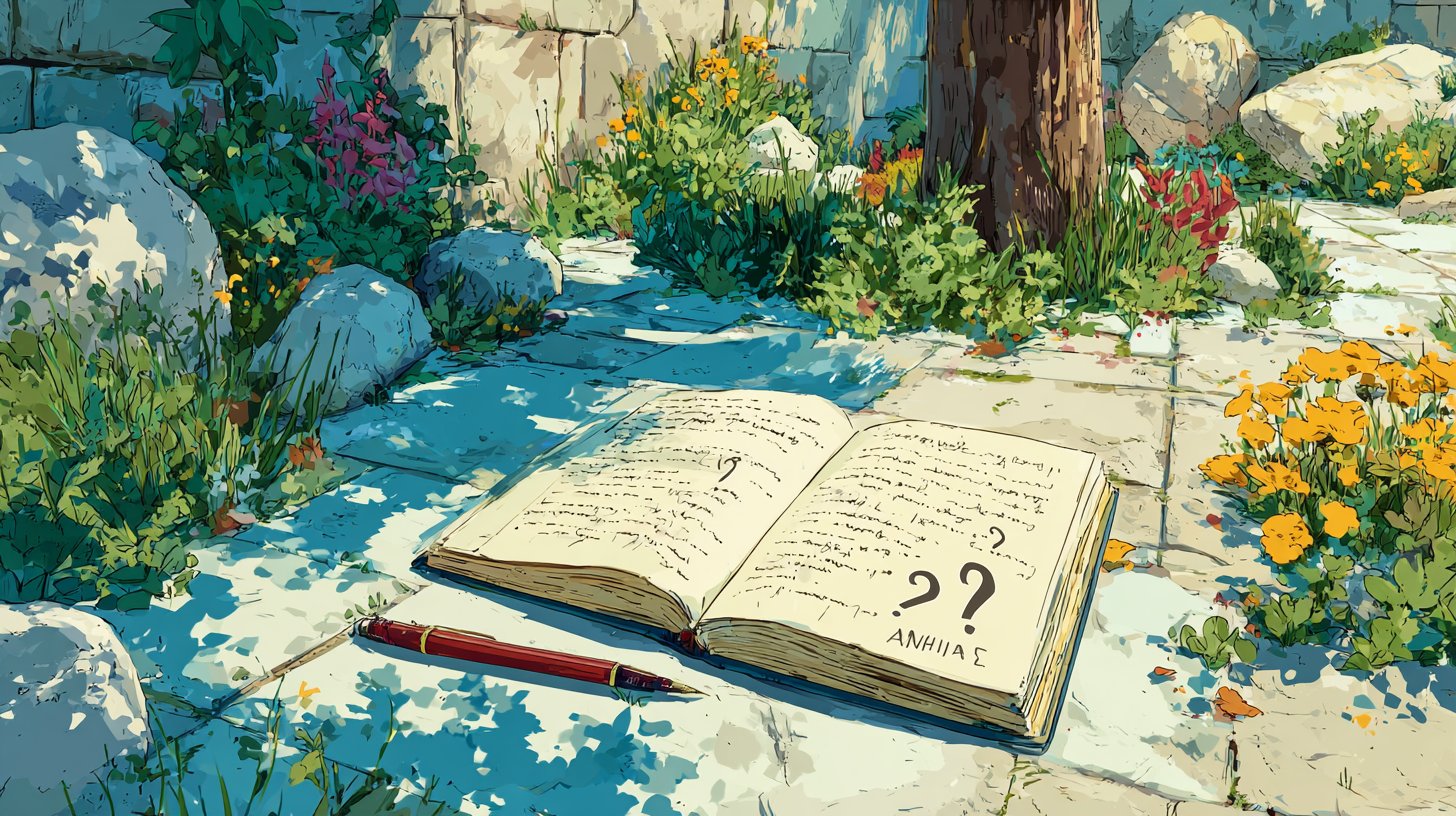 Ein offenes Notizbuch in der Natur, umgeben von sanftem Sonnenlicht.