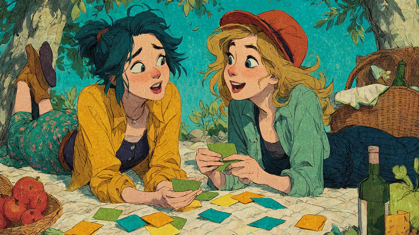 Zwei Freunde spielerisch bei einem witzigen Fragen-Spiel im Freien.