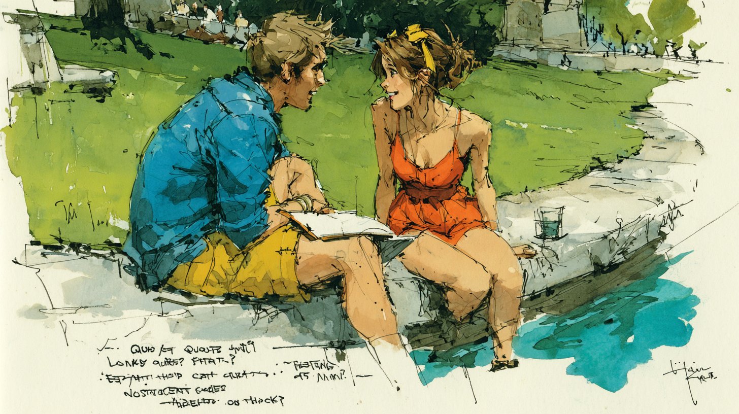 Ein Paar vertieft in ein Gespräch in einem ruhigen Park.