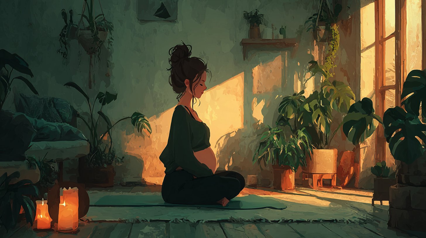 Mujer embarazada integrando yoga en casa.