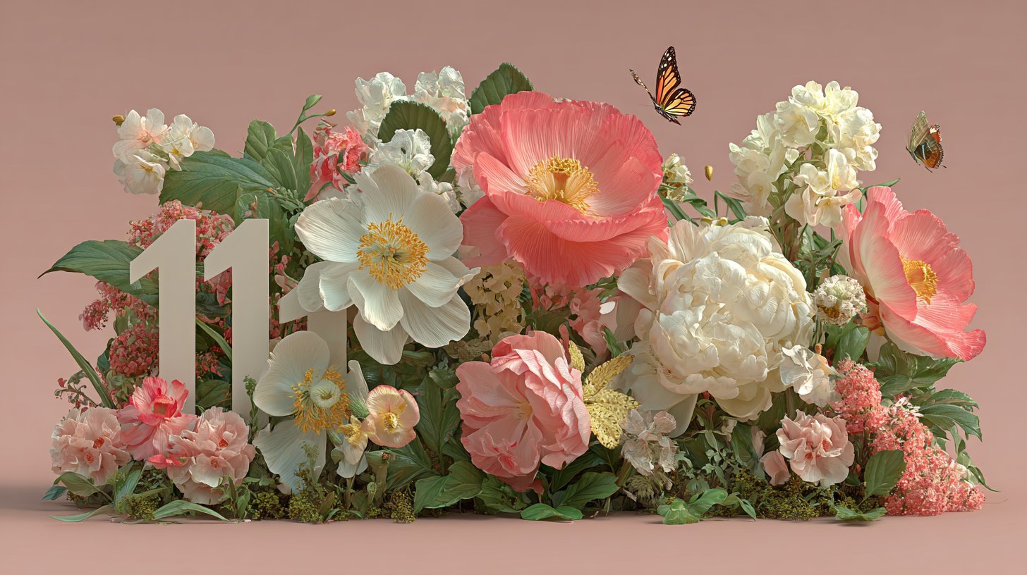 Représentation artistique du numéro 1111 avec des fleurs et des papillons.