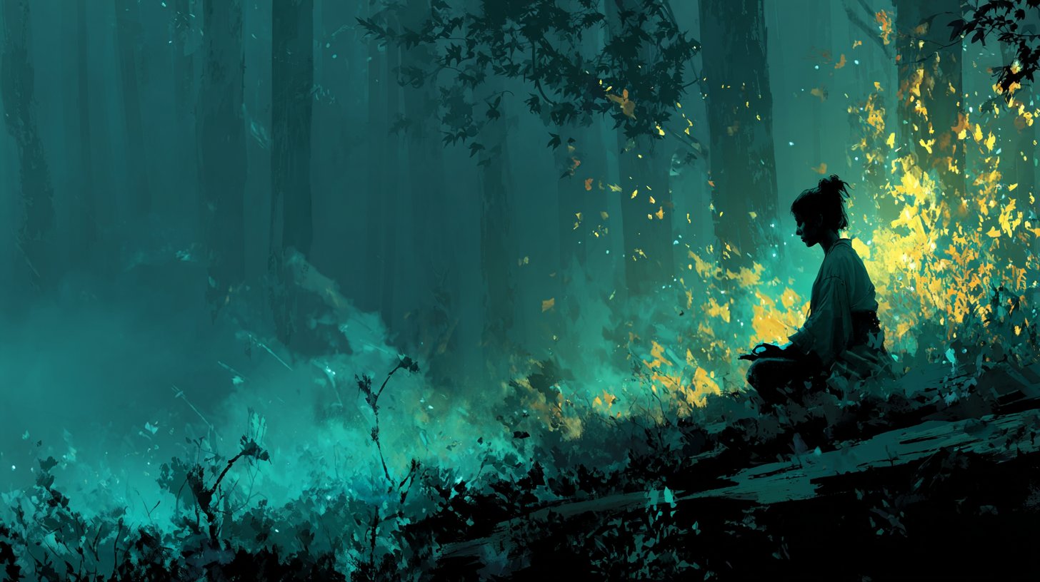Une figure méditative entourée de nature, avec de la lumière douce à travers les arbres.