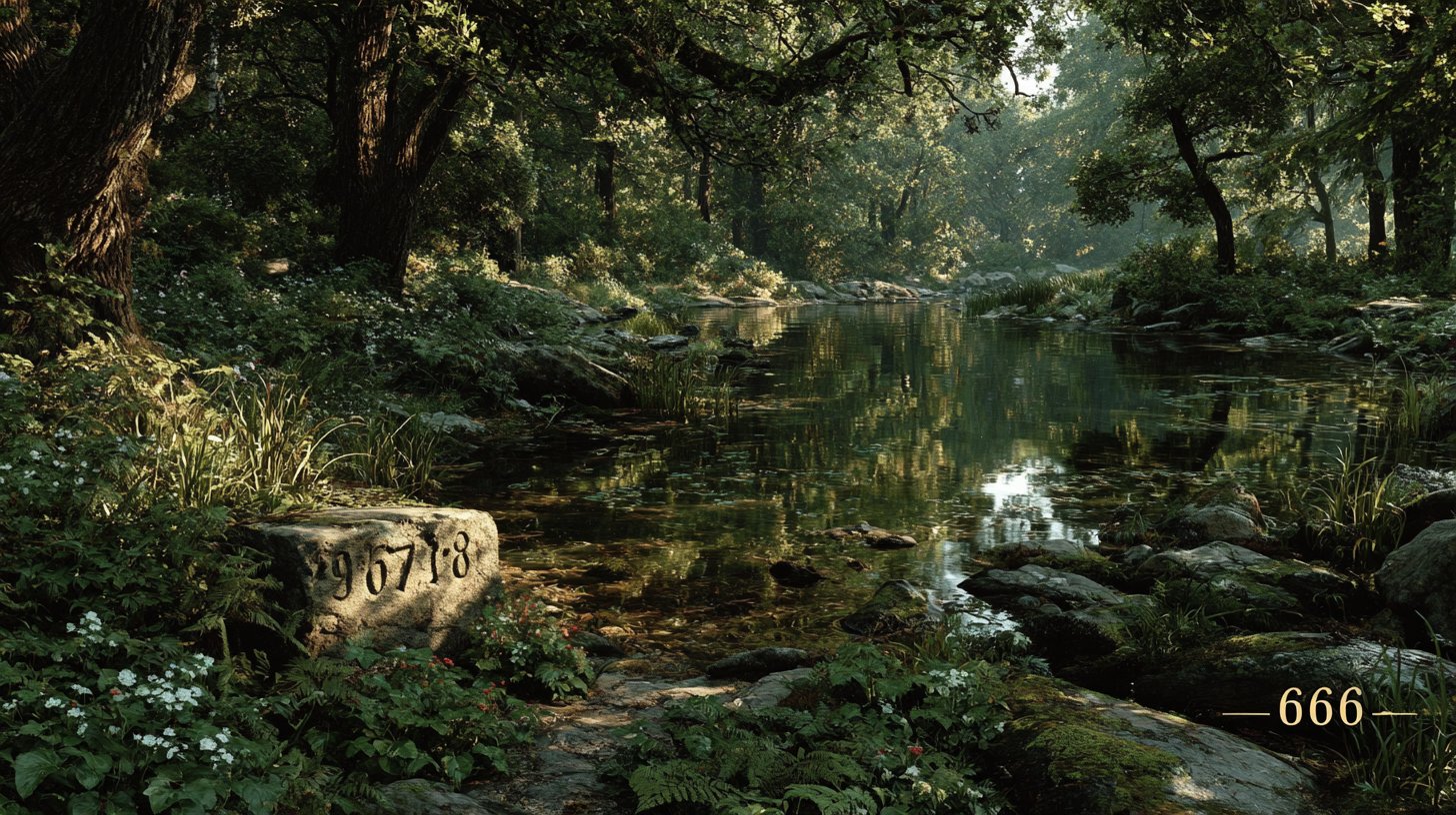 Eine friedliche Landschaft mit der Zahl 6666 in üppiger Natur.