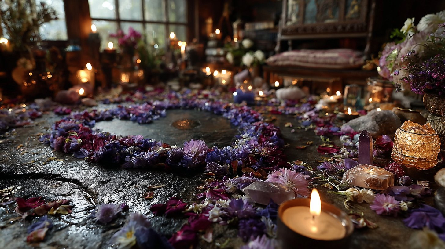 Ein mystischer Liebeszauber mit Kerzen und Kristallen, umhüllt von einem Herzen aus Blütenblättern.