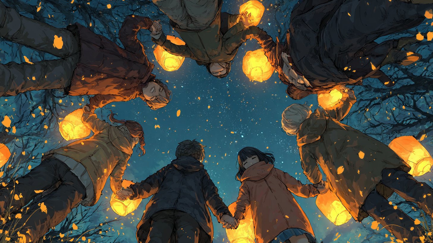 Freunde halten sich unter funkelnden Sternen die Hände, was Zusammenhalt symbolisiert.