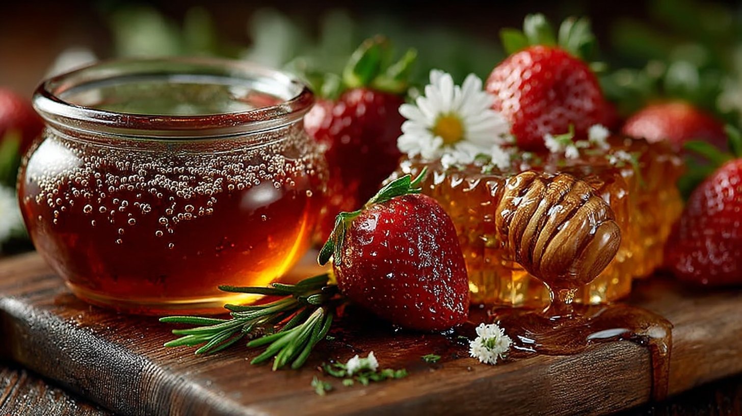 Nahaufnahme bunter Zutaten wie Erdbeeren, Honig und Kräutern, kunstvoll auf einem Holztisch arrangiert.