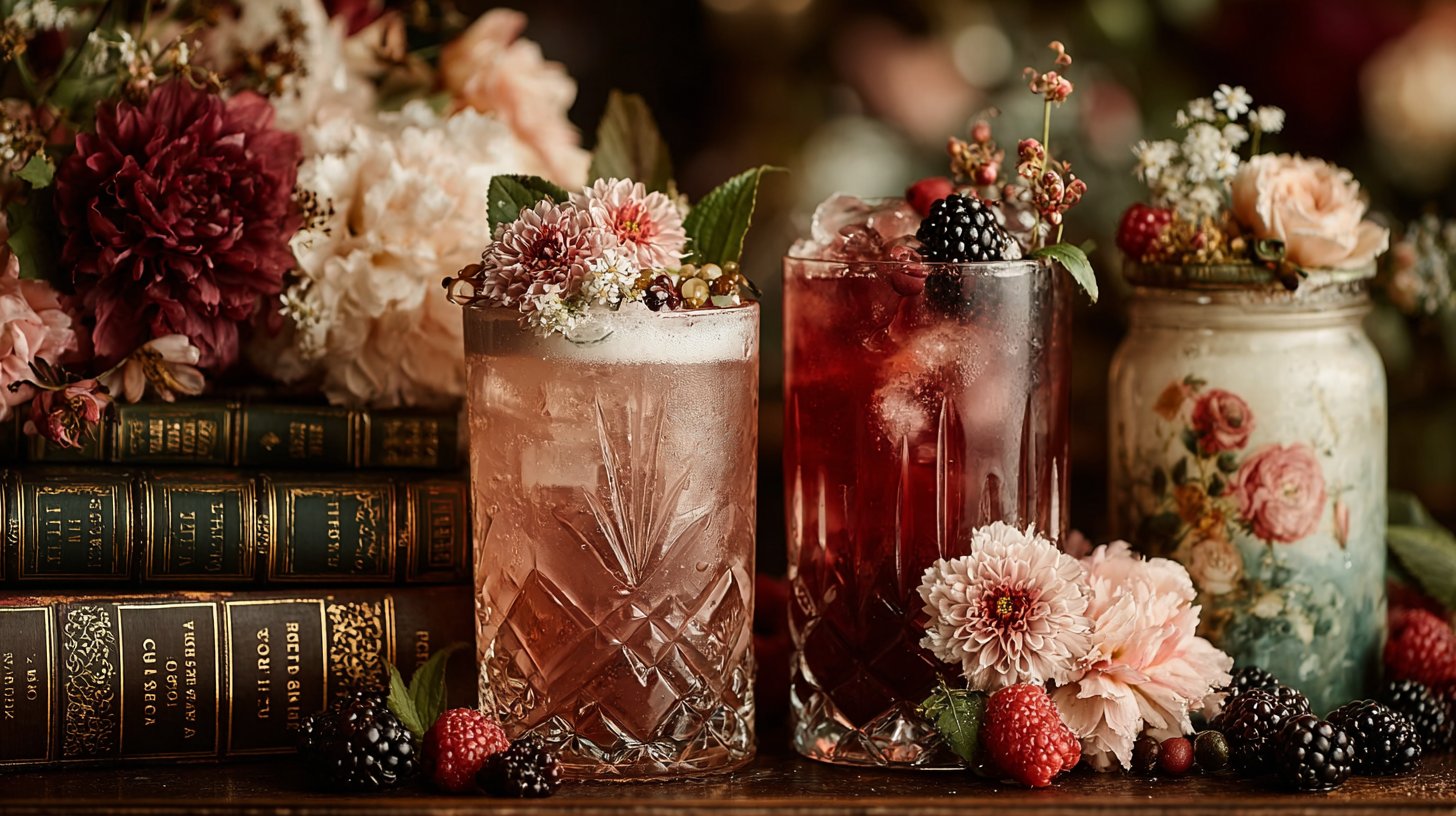 Verspielte Anordnung verschiedener einzigartiger Getränke in kreativen Gläsern, geschmückt mit frischen Früchten und Blumen.