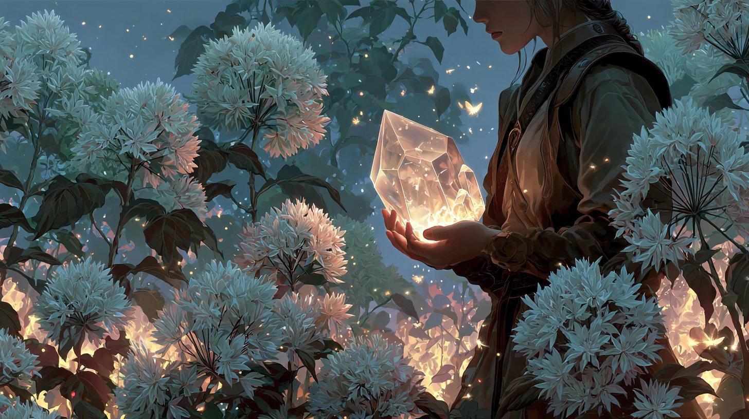 Ein ätherisches Szenario mit einer Person, die einen leuchtenden Kristall hält, umgeben von der Natur.