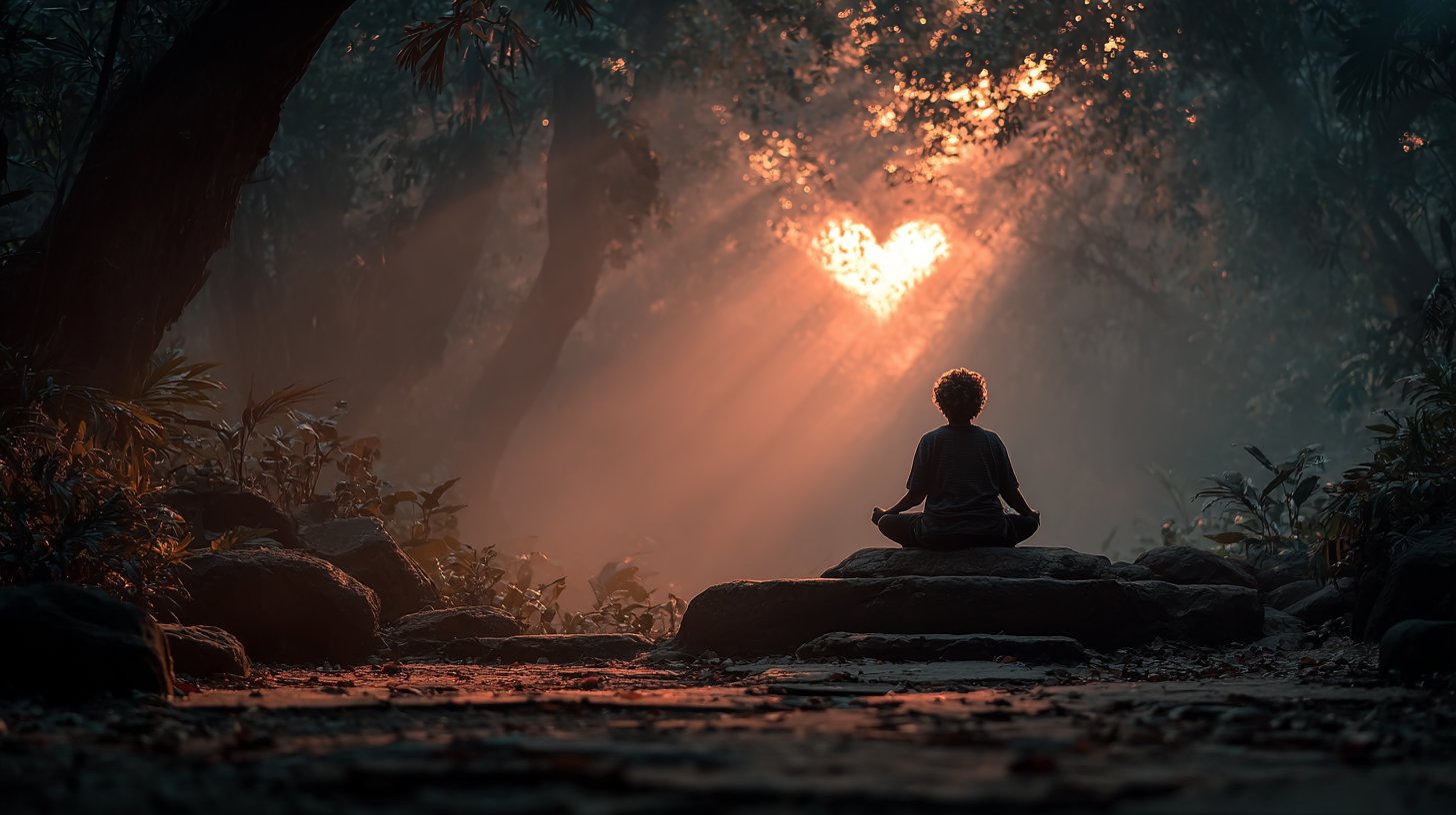 Eine Person meditiert mit einem leuchtenden Herzen in der Natur.