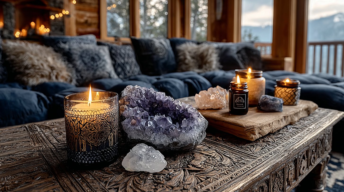 Ein gemütlicher Raum mit Kerzen und Kristallen für Friedlichkeit.