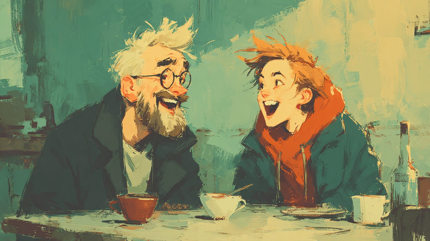 Freunde lachen herzlich in einem gemütlichen Café.