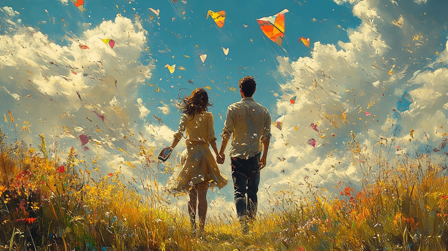 Couple joyeux joue dehors avec des cerfs-volants colorés.