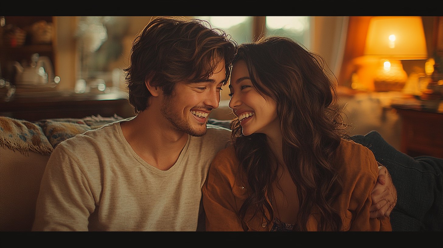 Couple riant en conversation profonde sur le canapé.