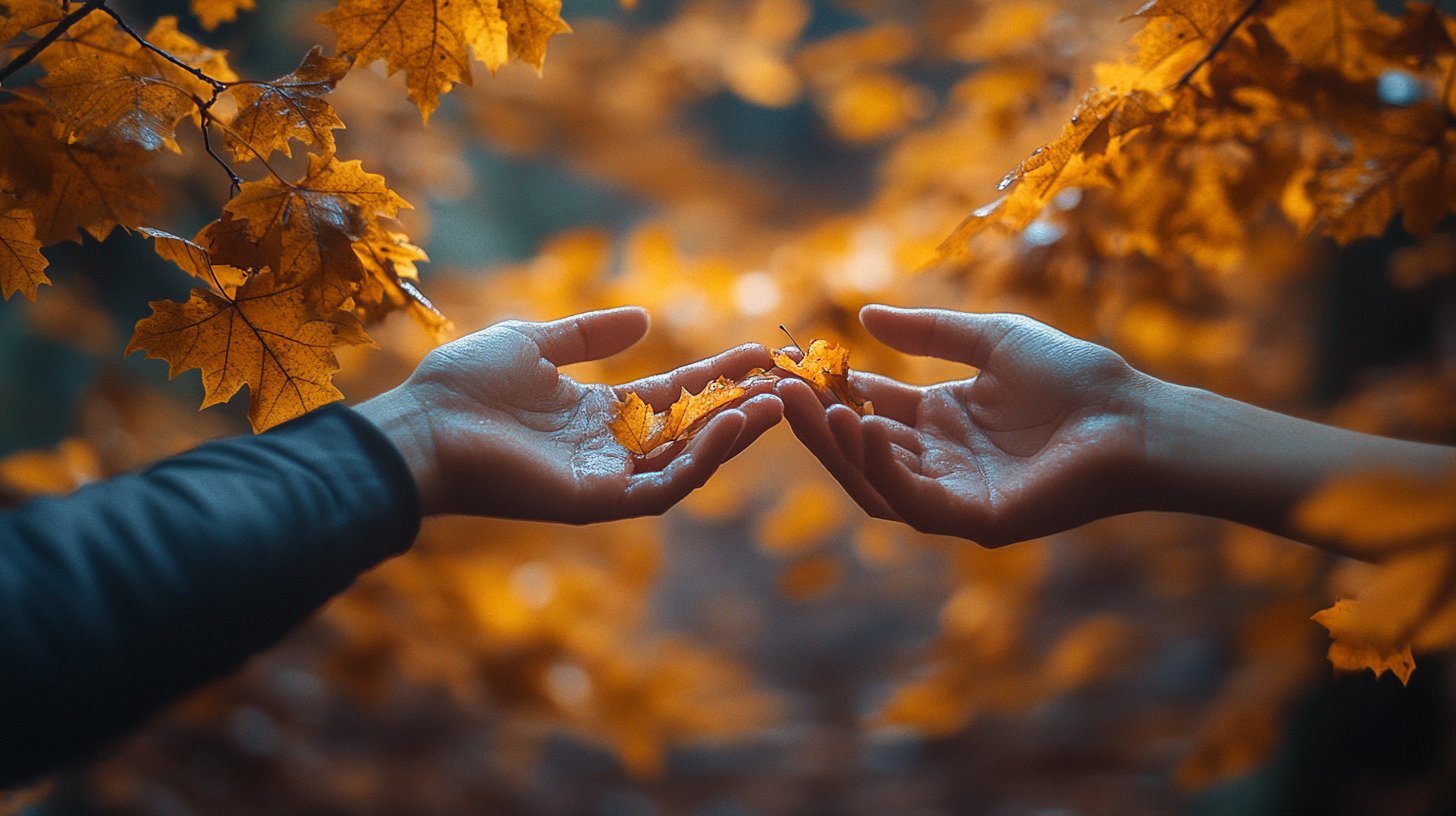 Zwei Hände greifen nah beieinander, aber berühren sich nicht, umgeben von Herbstblättern.