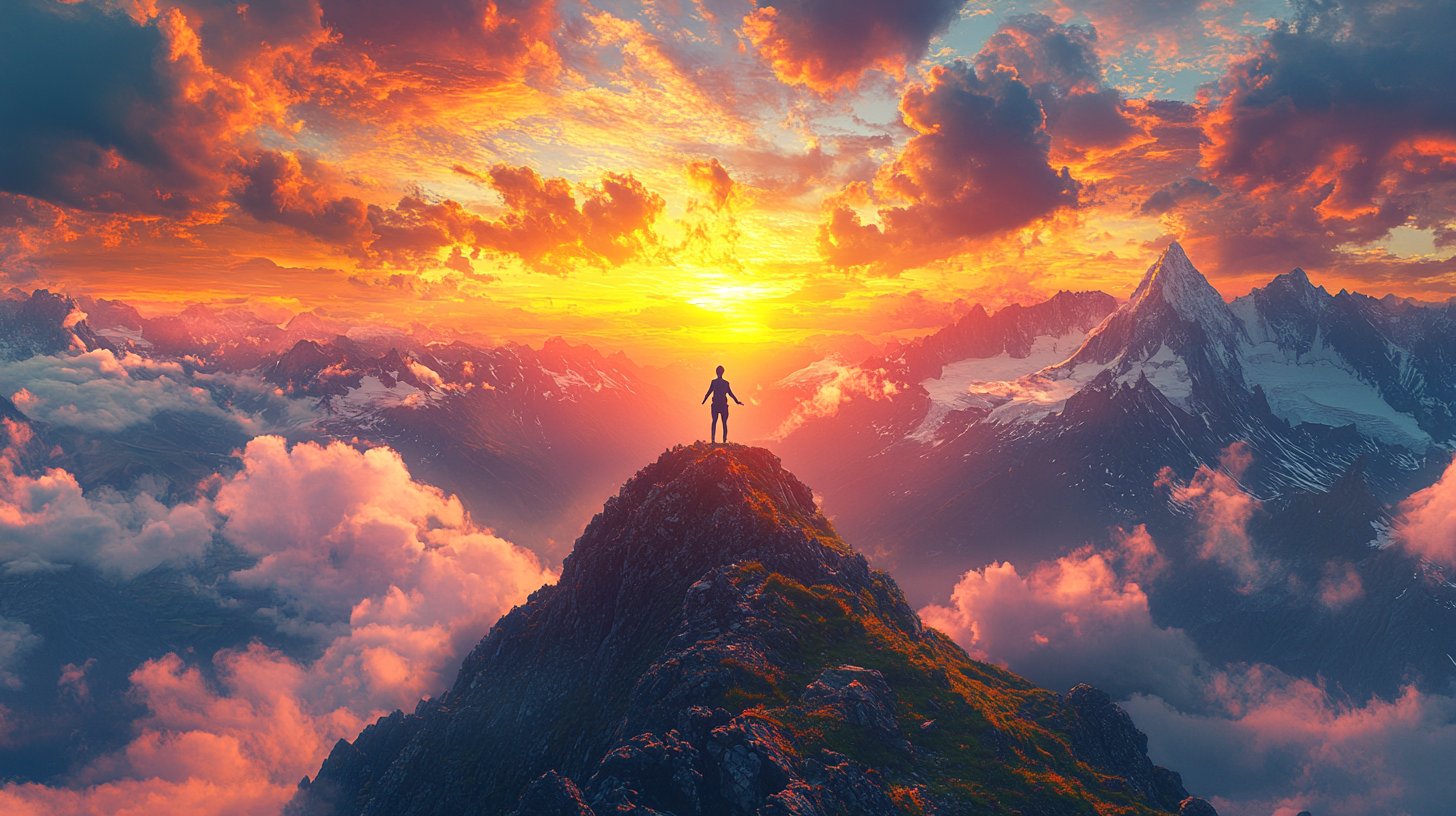 Eine Silhouette auf einem Berggipfel, die Arme zum Sonnenaufgang erhoben, symbolisiert Wachstum und Veränderung.