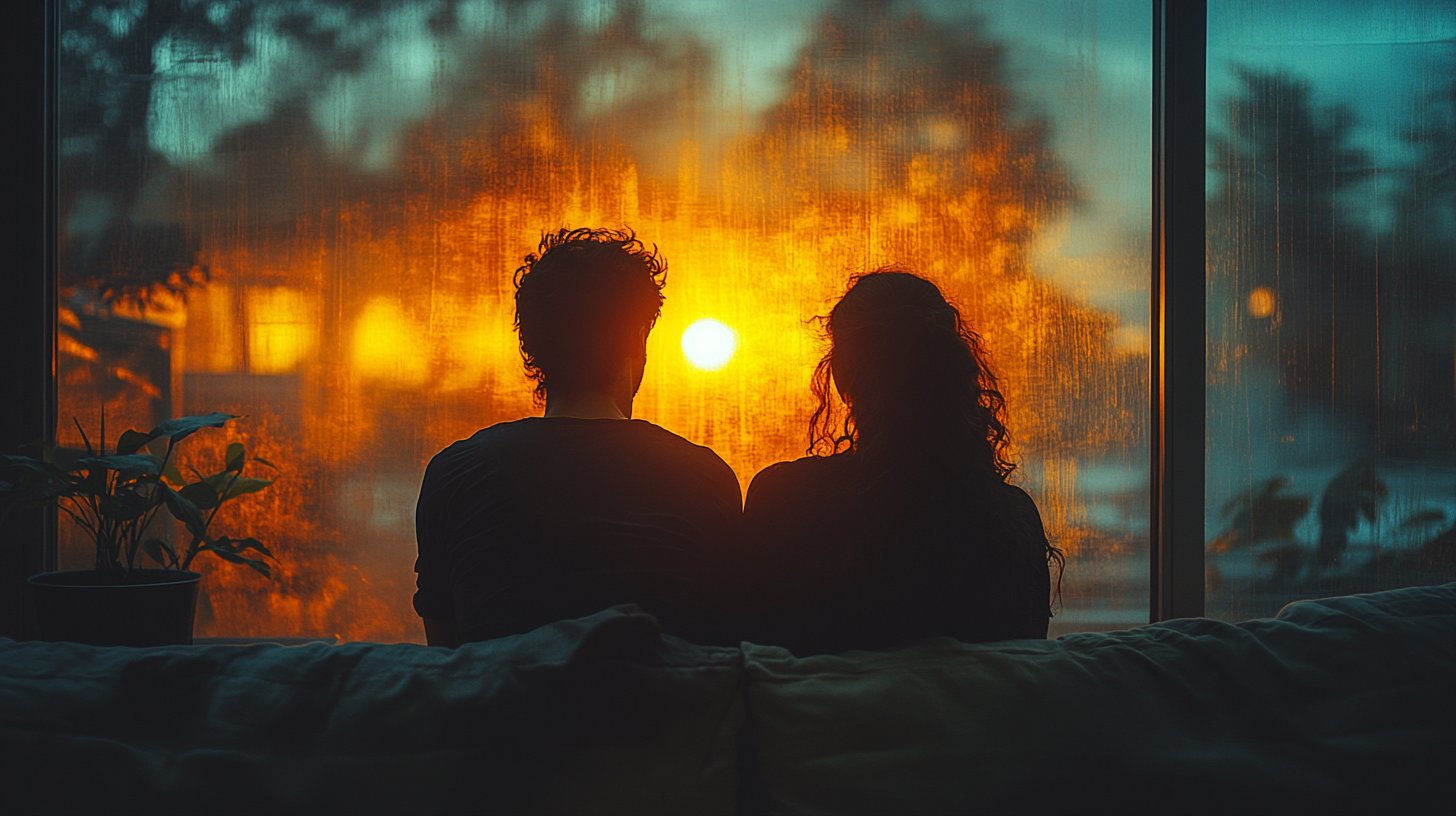 Una coppia seduta schiena contro schiena, persa nei propri pensieri.