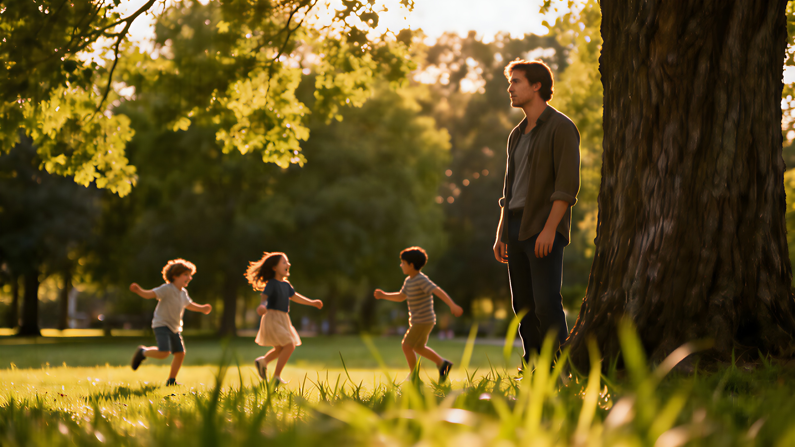 Ein nachdenklicher Blick eines Elternteils auf Kinder, die glücklich im Park spielen.