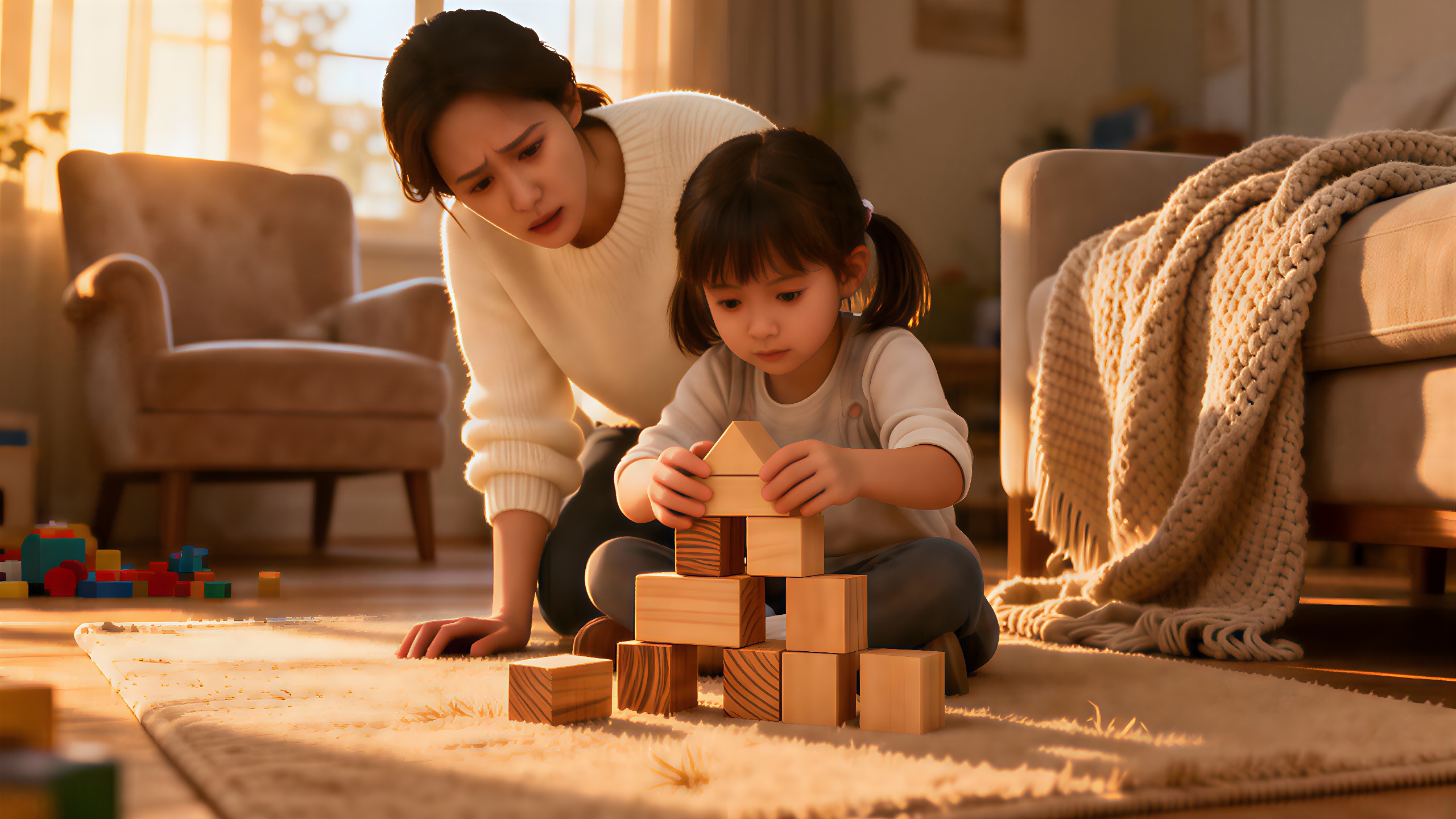 Ein Elternteil schwebt besorgt über ein Kind, das mit Bauklötzen spielt.