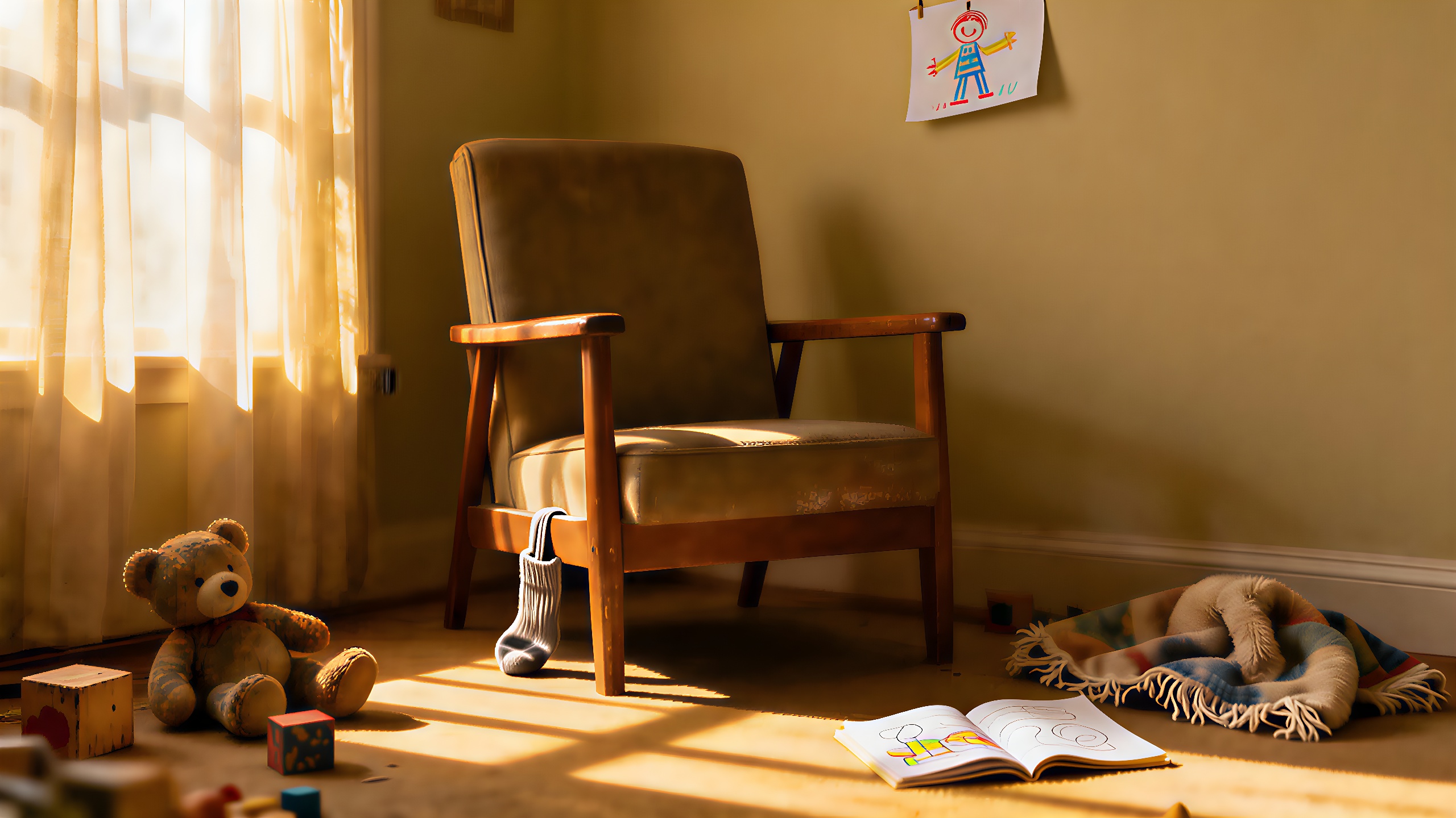 Ein leerer Stuhl umgeben von Spielzeug vermittelt ein Gefühl der Emotionalen Vernachlässigung.