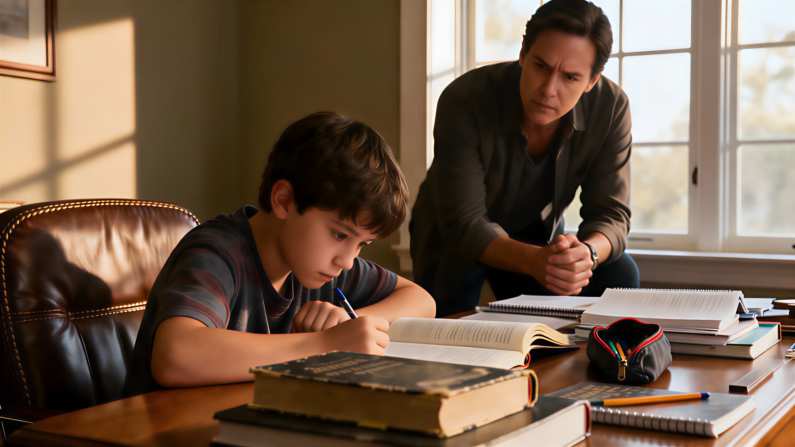 Ein Kind arbeitet gestresst am Schreibtisch, während der Elternteil hohe Erwartungen hat.