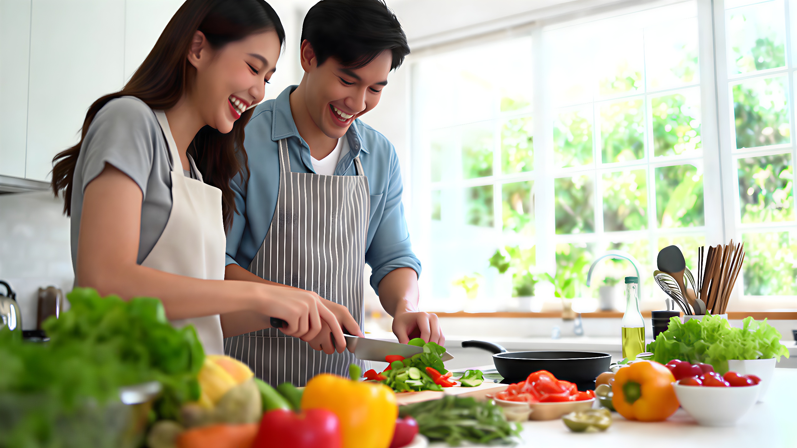 Ein fröhliches Paar kocht gemeinsam in einer hellen Küche.