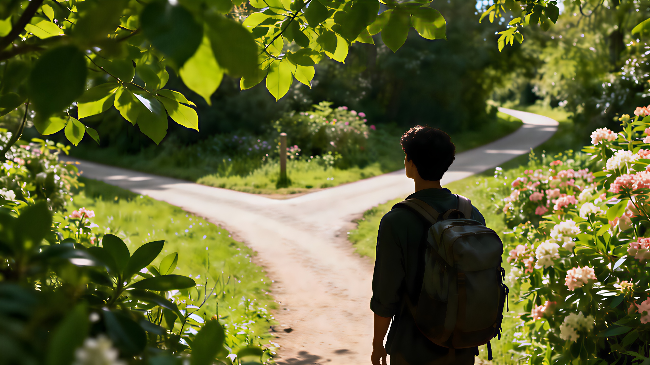 Eine Person an einer Weggabelung, bereit für das Abenteuer der Seelenfindung.