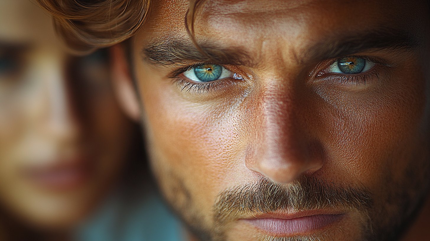 Ein Nahaufnahme eines Mannes mit Zweifeln und Eifersucht in den Augen.