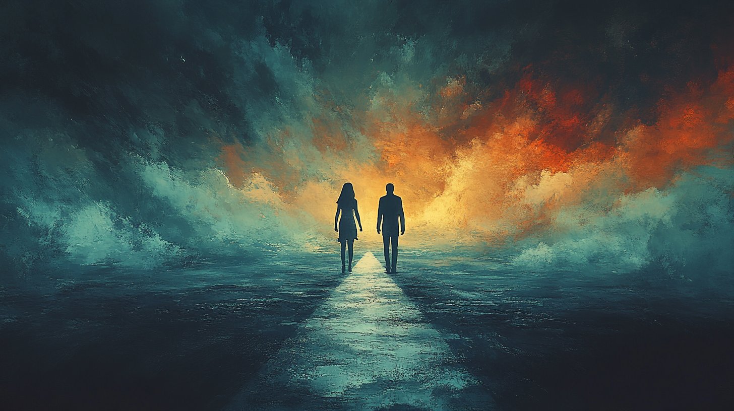 Ein Paar an einer Weggabelung, das verwirrt und unentschlossen aussieht.