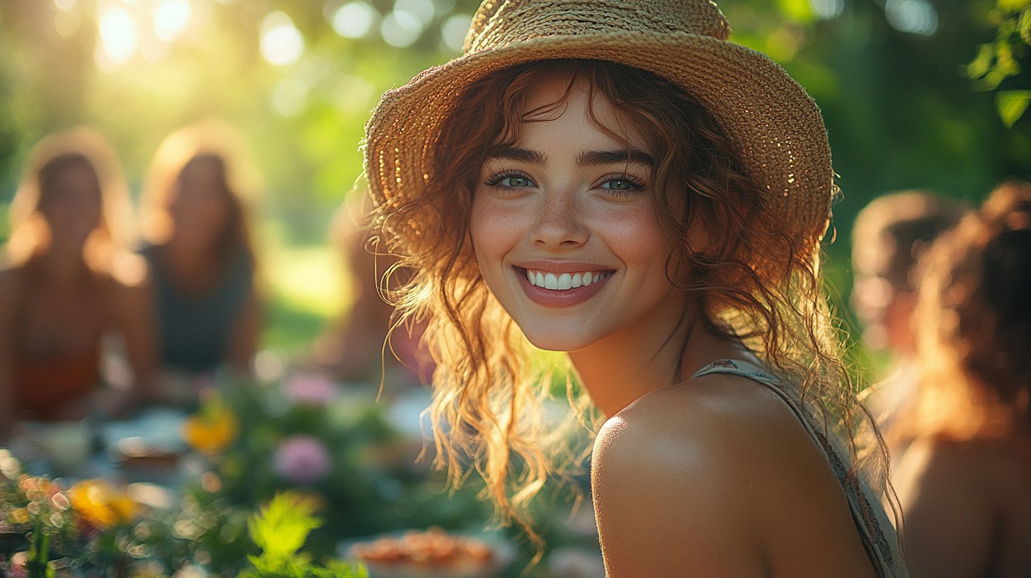 Friends sharing laughter and joy at a picnic.