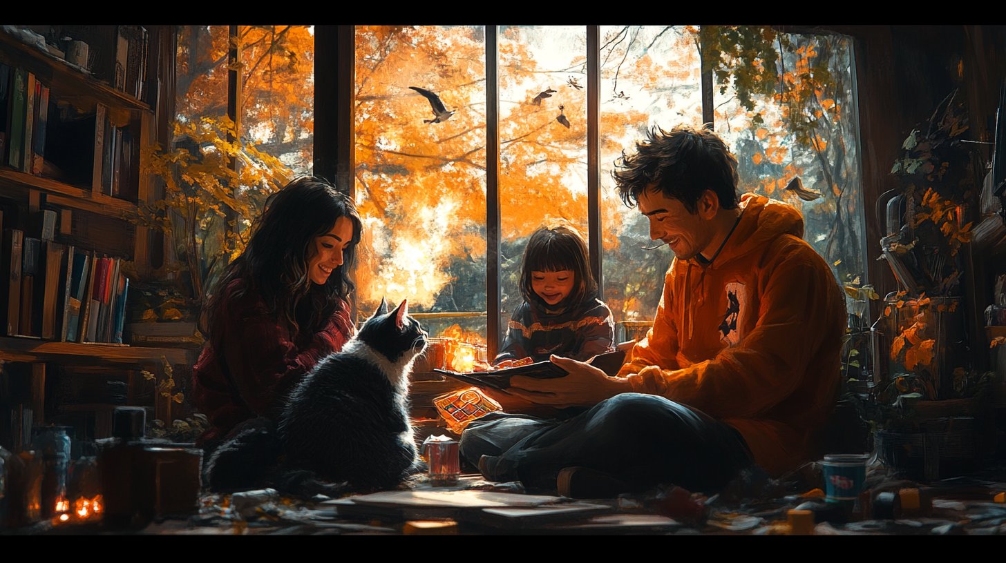 Eine Familie hat Spaß und lacht zusammen in einem friedlichen Setting.