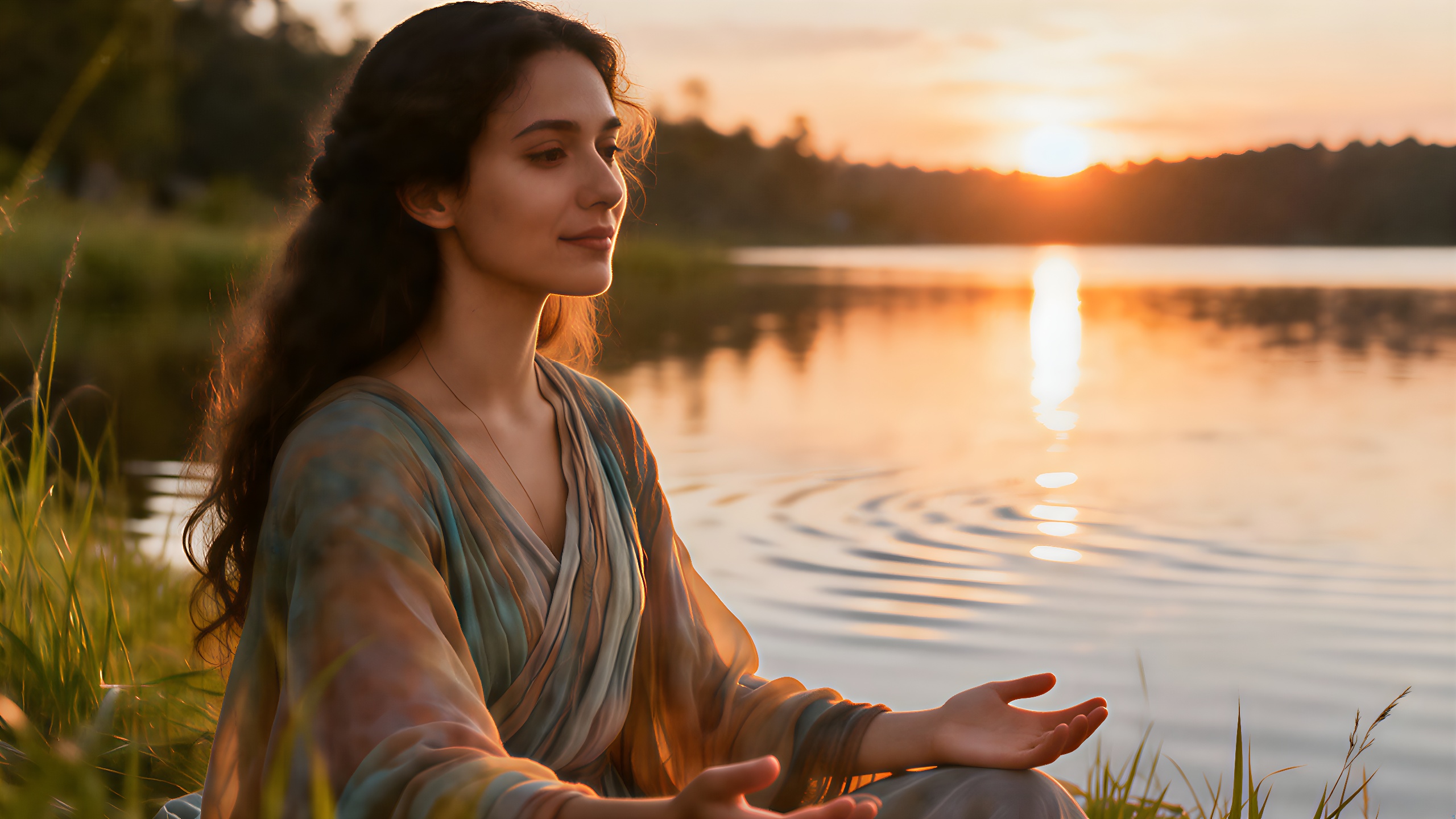 Eine einfühlsame Person, die Fische repräsentiert und Schüler sanft an einem ruhigen See führt.