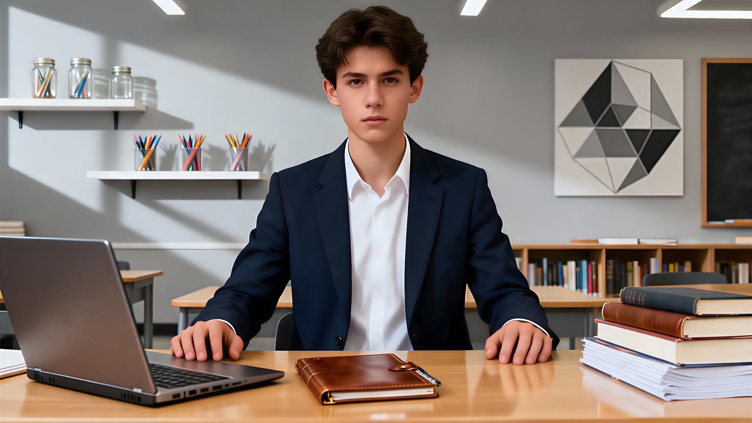 Ein entschlossener Steinbock in einem modernen Klassenraum, der strukturiertes Lernen zeigt.