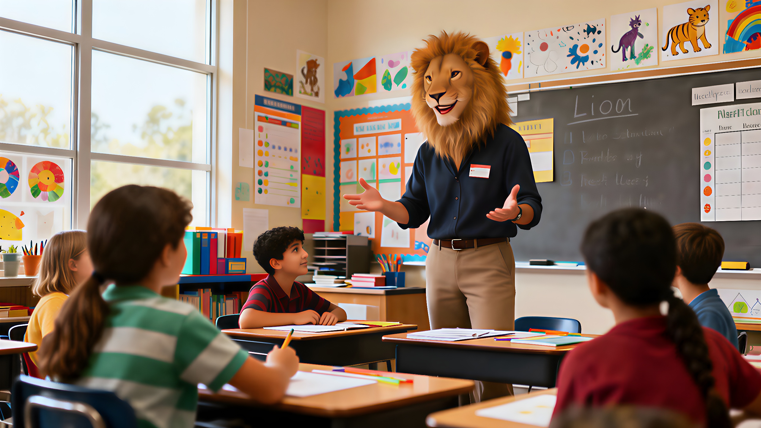 Ein begeisterter Löwe unterrichtet aktiv teilnehmende Schüler.
