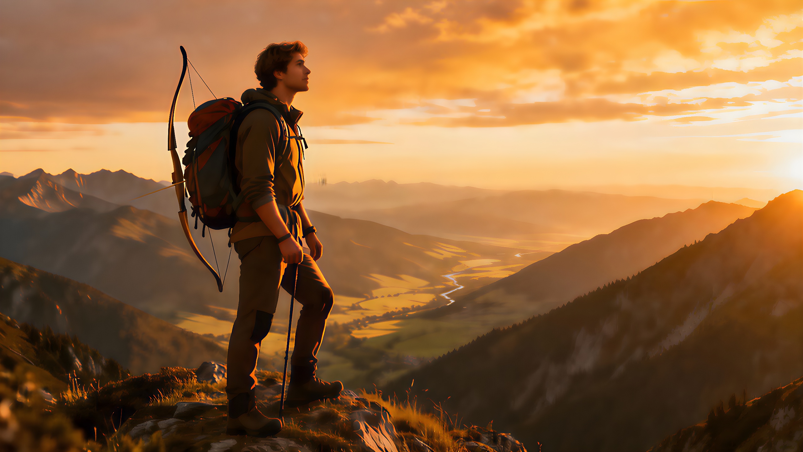 Ein abenteuerlicher Schütze auf einem Gipfel, der einen atemberaubenden Blick genießt.