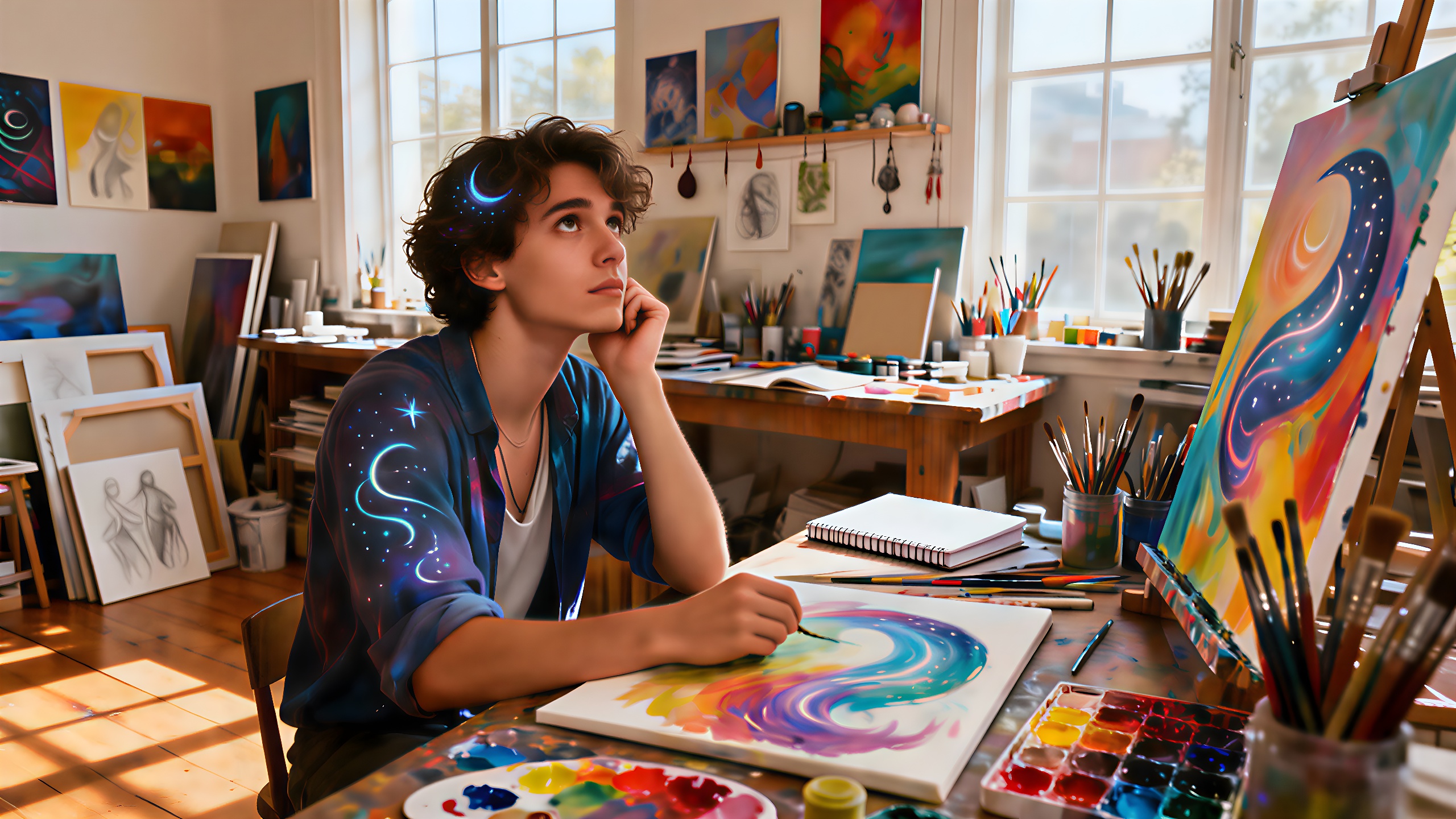 Ein kreativer Wassermann in einem lebhaften Atelier, voller Inspiration.