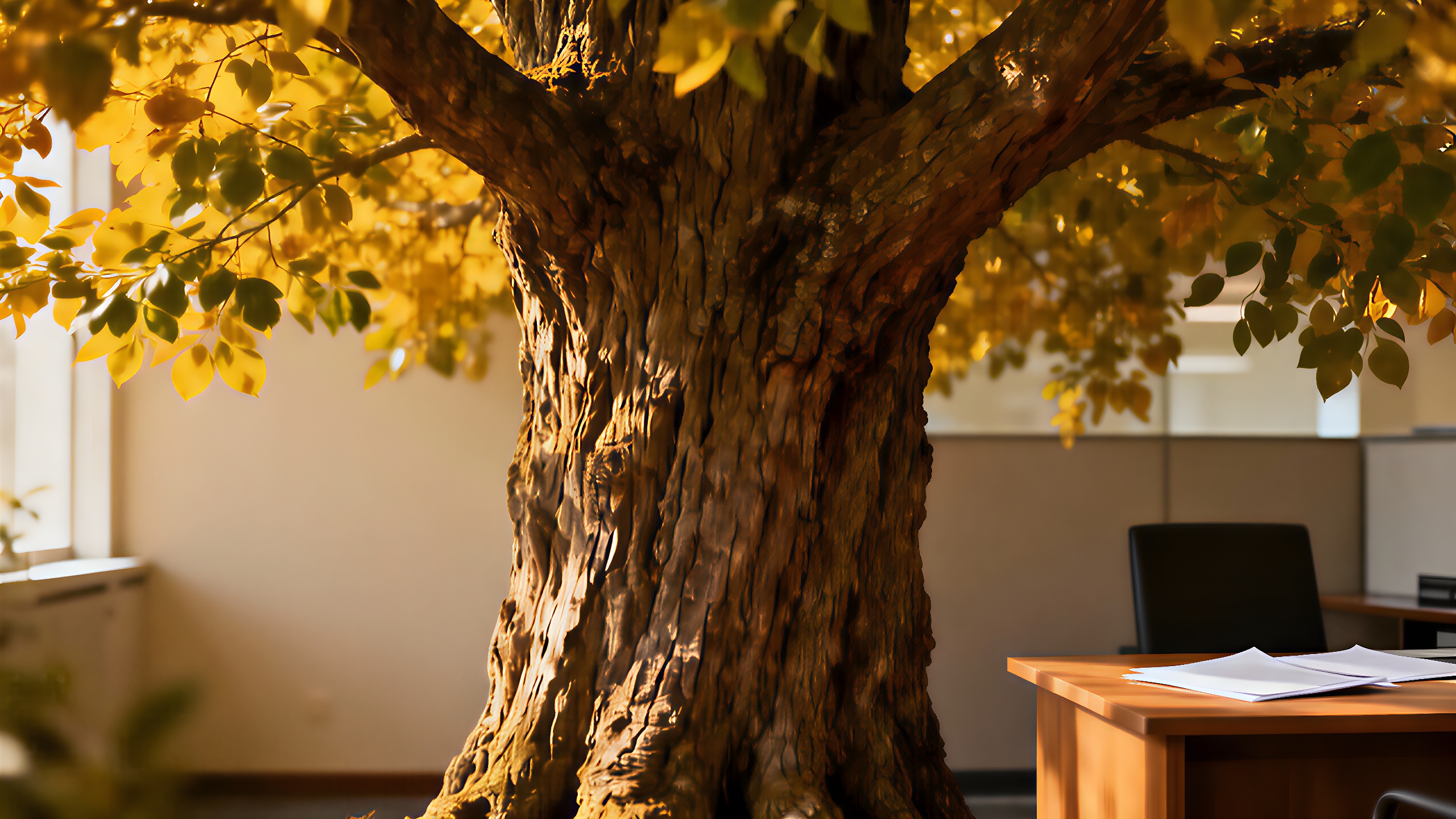 Ein starker Baum symbolisiert Stabilität im Büro.