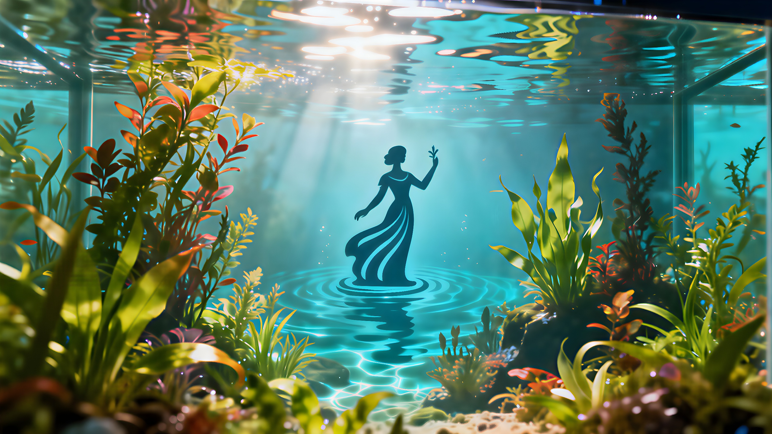 Ein Aquarium zeigt kreative Wasserlandschaften mit Lichtspielen.