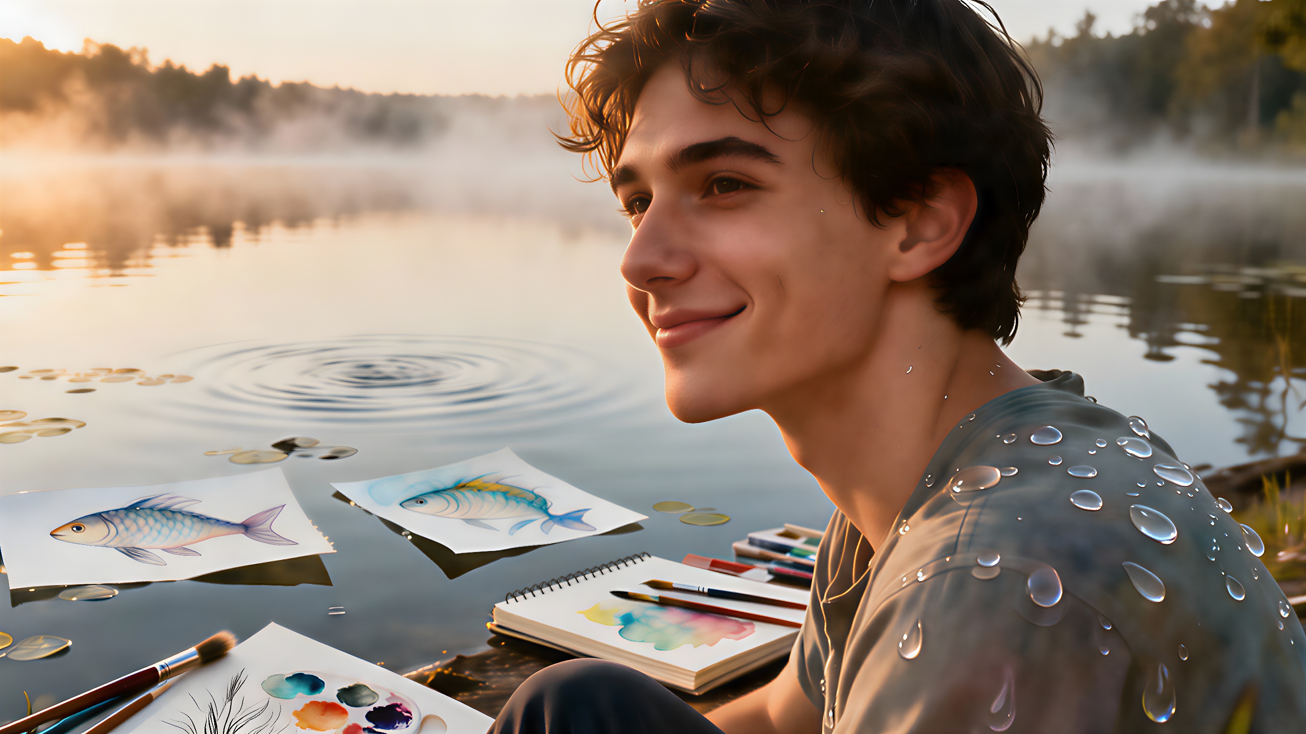 Eine mitfühlende Person, die das Wesen von Fischen am ruhigen See verkörpert.