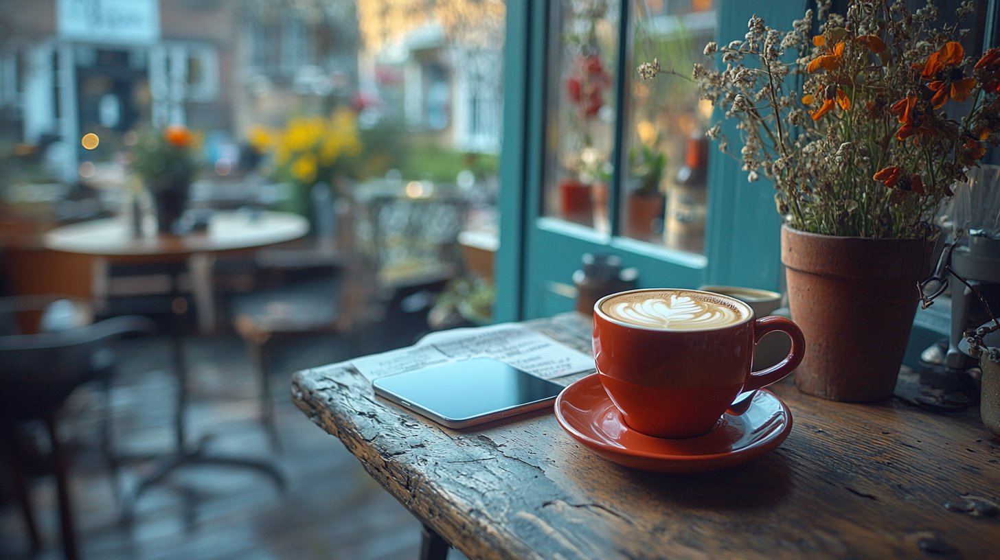 Un smartphone muestra un mensaje inesperado en un café acogedor.