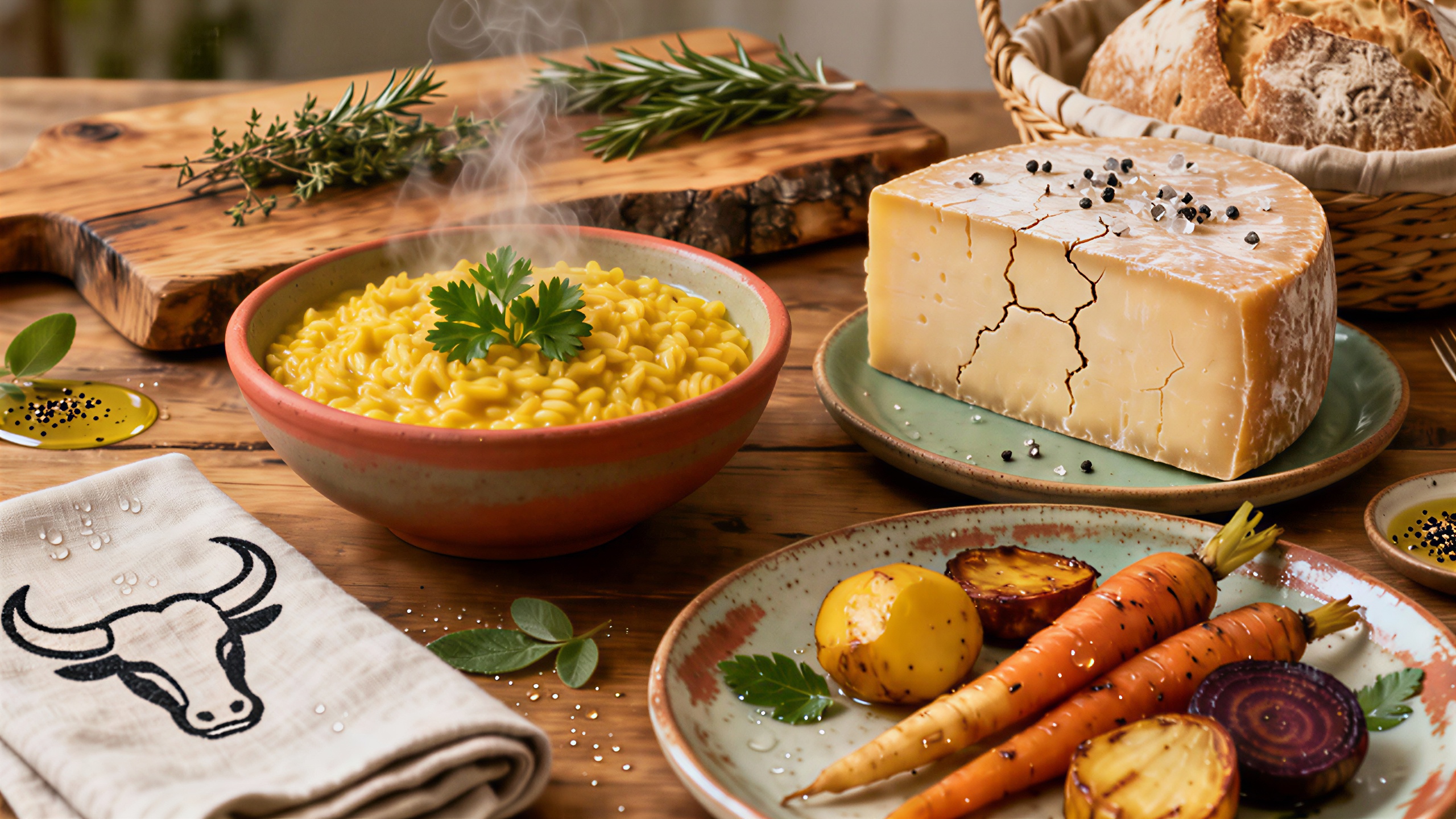Ein rustikaler Tisch mit erdigen Gerichten, die das Wesen von Taurus verkörpern.