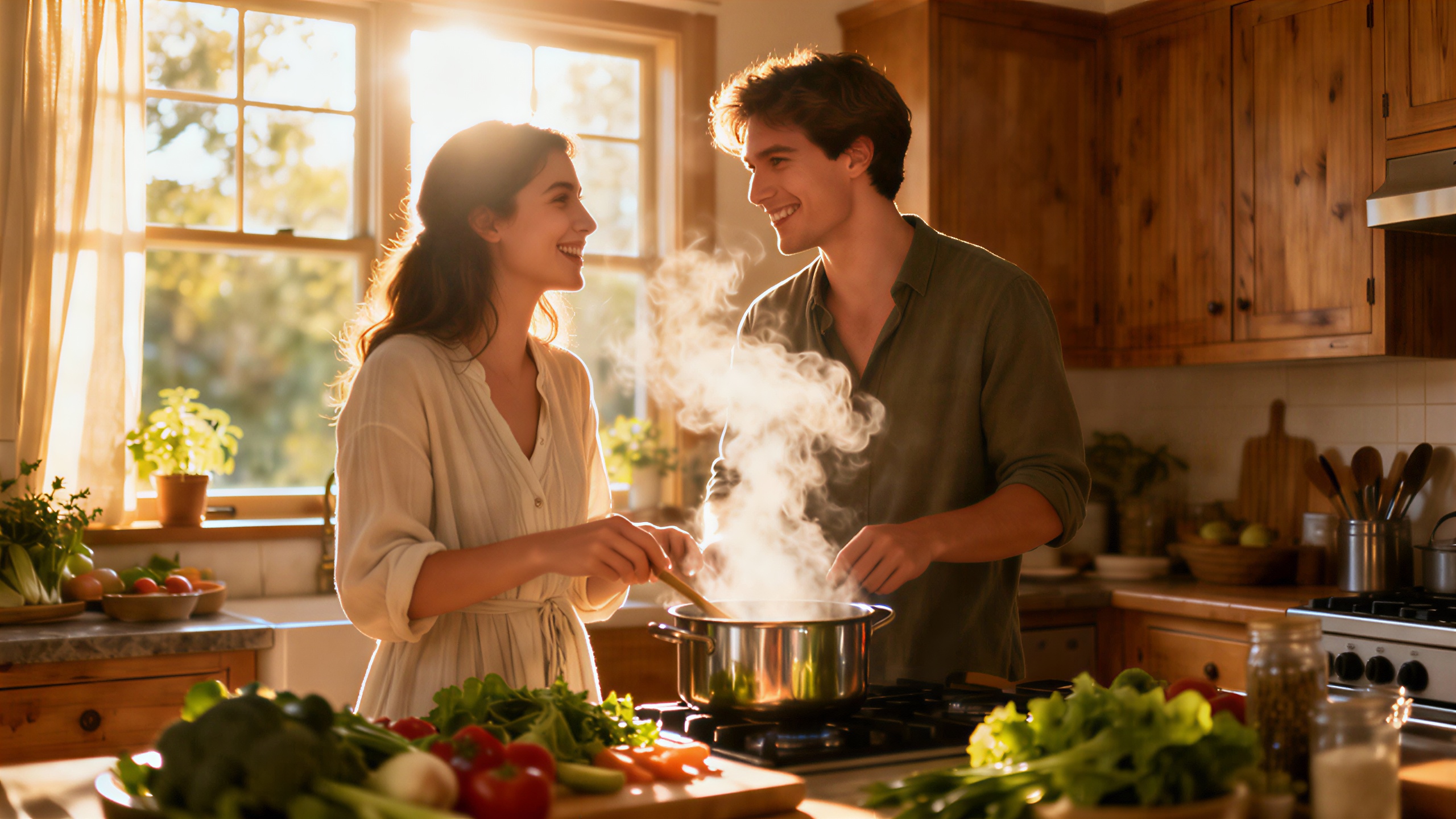 Ein Paar bereitet gemeinsam eine gesunde Mahlzeit in der gemütlichen Küche vor.